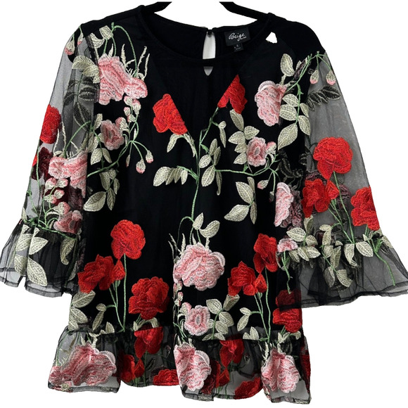 ECI Tops - Beige by eci Black Embroidered Floral Blouse Sheer Bell Sleeve L Lined Party D31